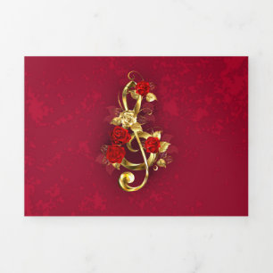 Tarjeta Festiva Tríptica Golden Treble Clef con flores Rosas