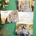 Tarjeta Festiva Tríptica Guión alegre de oro de moda con foto curva<br><div class="desc">Moda,  diseño moderno de vacaciones con elegante escritura personalizado "Joyful" en un estilo de gradiente dorado con una plantilla única de fotos curvada y sutiles acuarelas doradas estilo paisaje invernal. Los paneles incluyen gráficos complementarios con campos de texto adicionales y plantillas de fotos.</div>