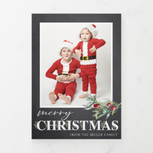 Tarjeta Festiva Tríptica Holly Merry Christmas Trifold Foto Navidades