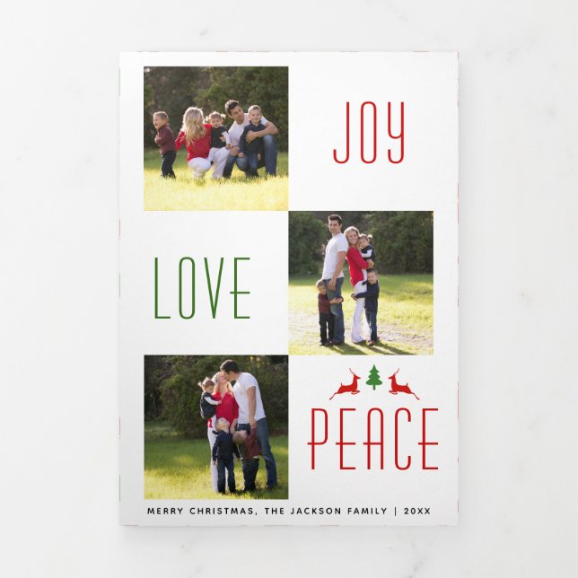 Tarjeta Festiva Tríptica Joy Love Peace ciervo, foto de Navidades de patrón (Foto de portada)
