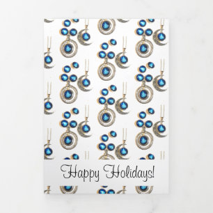 Tarjeta Festiva Tríptica joyas navidades Árbol azul negro brillante Luna
