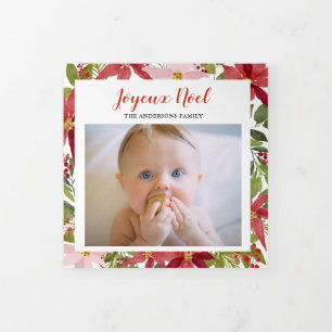 Tarjeta Festiva Tríptica Joyeux Noel Red Poinsettia Flower Baby Multi Photo