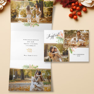 Tarjeta Festiva Tríptica Joyful Script Botánico 2-Photo con marco dorado