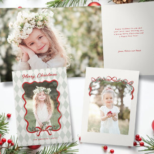 Tarjeta Festiva Tríptica Lazo Rojo Caprichoso Feliz Navidad Foto