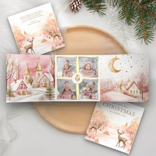 Tarjeta Festiva Tríptica Magical Pink Winter Wonderland 4 Photo Navidades