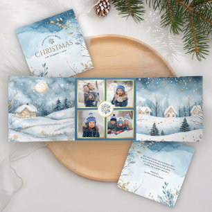 Tarjeta Festiva Tríptica Mágico País de las Maravillas Azul de Invierno 4 F