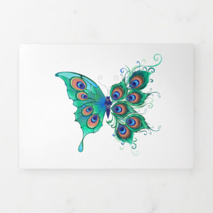 Tarjeta Festiva Tríptica Mariposa con plumas de pavo real verde