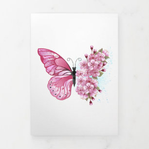 Tarjeta Festiva Tríptica Mariposa de flor con Sakura rosa