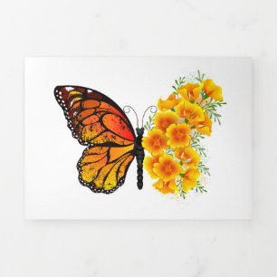 Tarjeta Festiva Tríptica Mariposa de flores con amapola amarilla de Califor