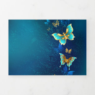 Tarjeta Festiva Tríptica Mariposas doradas sobre fondo azul