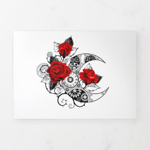 Tarjeta Festiva Tríptica Media luna mecánica con rosas rojas
