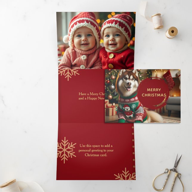 Tarjeta Festiva Tríptica Merry Christmas Trifold Husky Photo Card (Merry Christmas Trifold Husky Photo Card)
