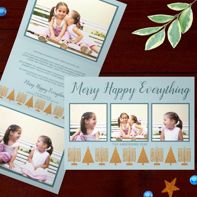 Tarjeta Festiva Tríptica Merry Gold Blue Elegant Interfaith 5 Foto (Add your photos to this tri-fold holiday card that celebrates Hanukkah and Christmas together)