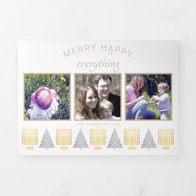 Tarjeta Festiva Tríptica Merry Happy Tan Elegant Interfaith 5 Foto (Foto de portada)