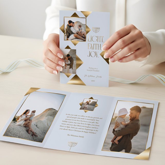 Tarjeta Festiva Tríptica Modern Elegant Gold Star Family Photos Hanukkah (Modern Elegant Gold Star Family Photos Hanukkah Tri-Fold Holiday Card)