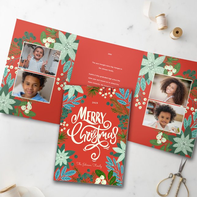 Tarjeta Festiva Tríptica Moderna y audaz floral Merry Christmas Photo (Modern Bold Floral Merry Christmas Photo Tri-Fold Holiday Card)