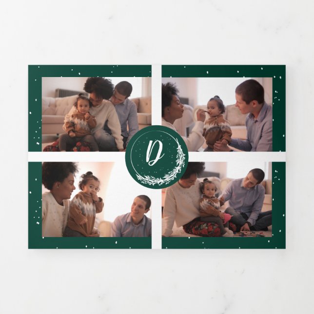 Tarjeta Festiva Tríptica Monograma Bosque de Pinos de Nieve Verde Monograma (Foto de portada)