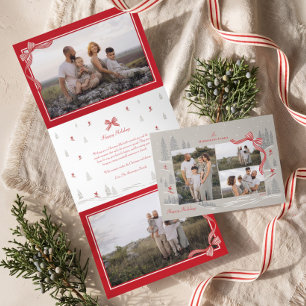 Tarjeta Festiva Tríptica Navidad Colaje de Fotos Arco Rojo Alpino Nórdico