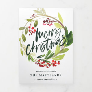 Tarjeta Festiva Tríptica Navidad floral acuarela multifooto + follaje