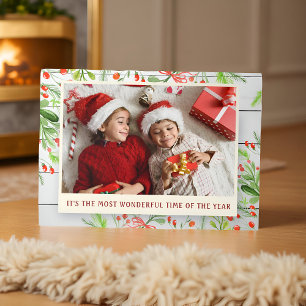 Tarjeta Festiva Tríptica Navidad Foto Foliaje Acuarela Madera Rústica