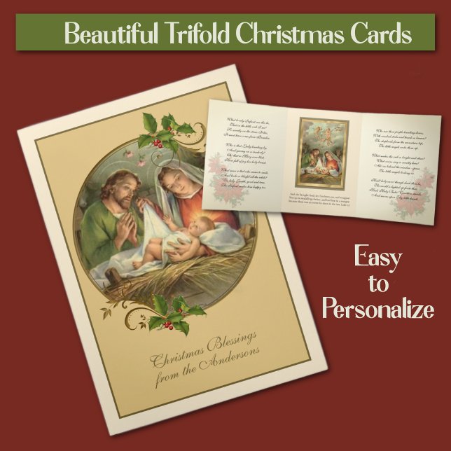 Tarjeta Festiva Tríptica Navidad religiosa Jesús Virgen María San José (Traditional Religious Trifold Christmas Cards - Easy to personalize!)