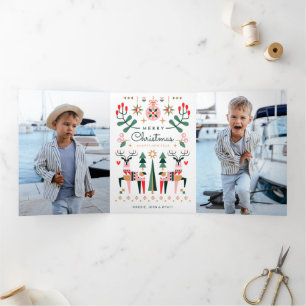 Tarjeta Festiva Tríptica Navidad Reno Geométrico