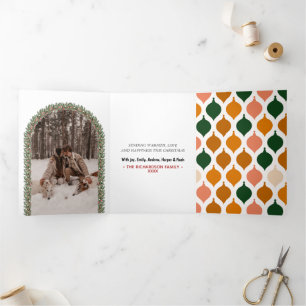 Tarjeta Festiva Tríptica Navidad retro colorida con mora y brillante