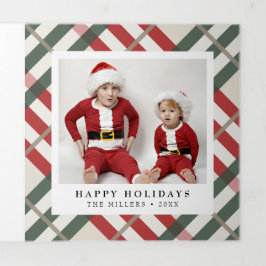 Tarjeta Festiva Tríptica Navidades clásicos de Beige-Tartán-Plaid