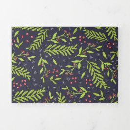 Tarjeta Festiva Tríptica Navidades Cypress Snowflakes Berries Flores rojas