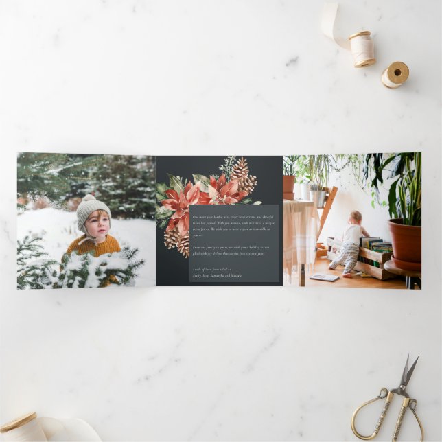 Tarjeta Festiva Tríptica Navidades de la paz Poinsettia Navy Black Pine 3 F (Interior)