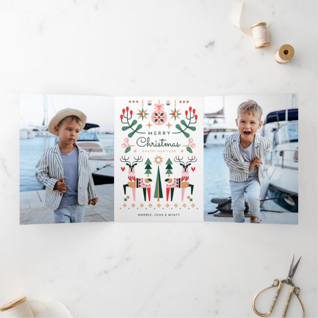 Tarjeta Festiva Tríptica Navidades de renos geométricos (Interior)