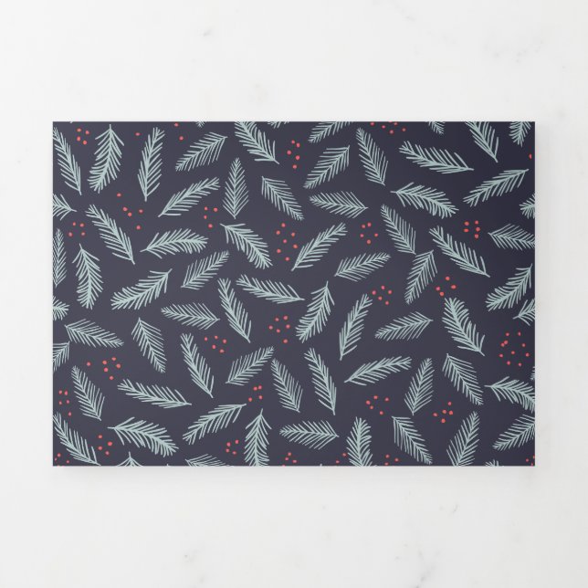 Tarjeta Festiva Tríptica Navidades de White Pine Boughs Feathers Holly Berr (Foto de portada)