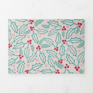 Tarjeta Festiva Tríptica Navidades dibujados a mano Holly Berries Blanco Ve