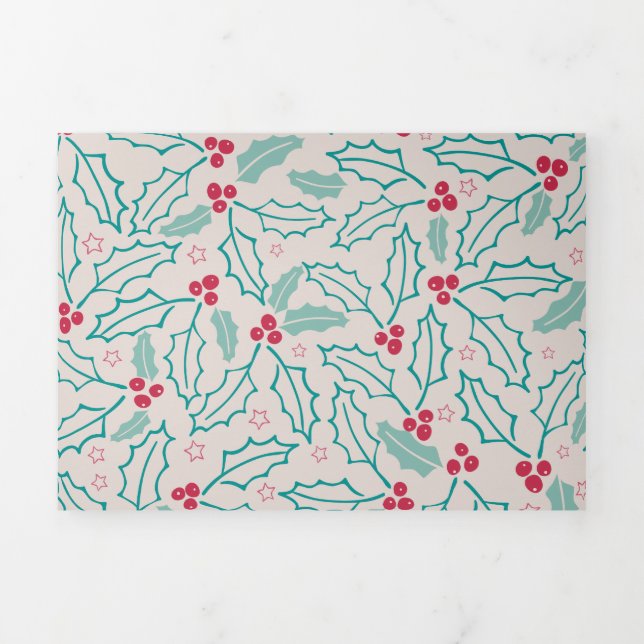 Tarjeta Festiva Tríptica Navidades dibujados a mano Holly Berries Blanco Ve (Foto de portada)