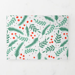 Tarjeta Festiva Tríptica Navidades Evergreen Boughes y Holly Berries