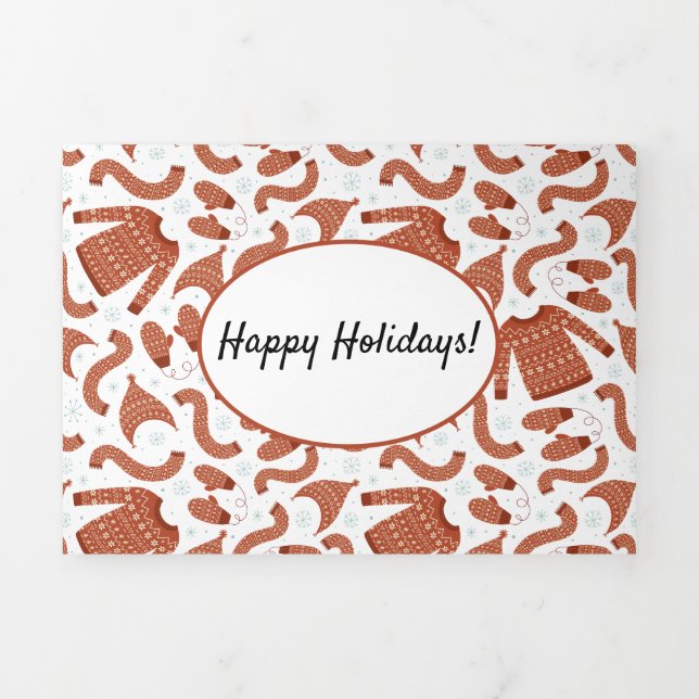 Tarjeta Festiva Tríptica Navidades feos Gorra suéter bufanda Blanco rojo (Foto de portada)