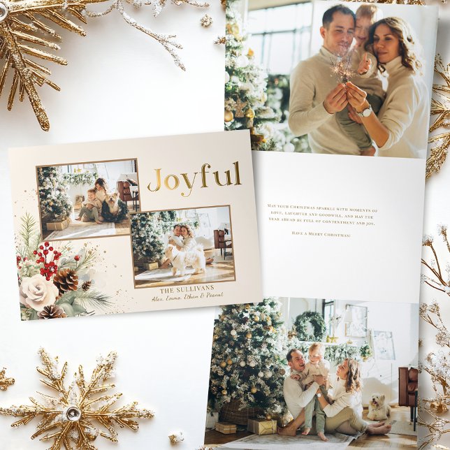 Tarjeta Festiva Tríptica Navidades Floral Gold Joyful Textos multifoto (Subido por el creador)