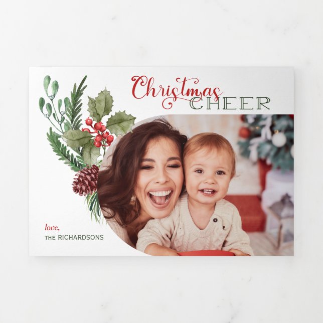 Tarjeta Festiva Tríptica Navidades florales modernos de Arco celebran foto  (Foto de portada)