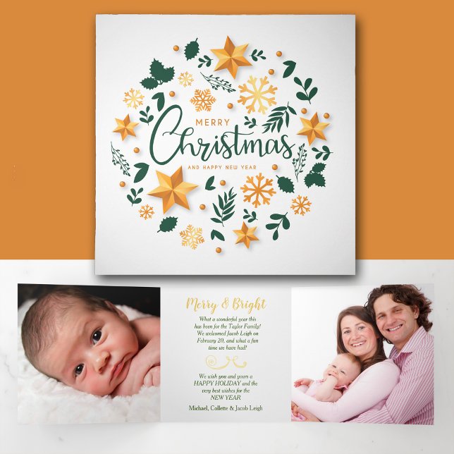 Tarjeta Festiva Tríptica Navidades Gold Green Wreath 3 Photo Template (Subido por el creador)