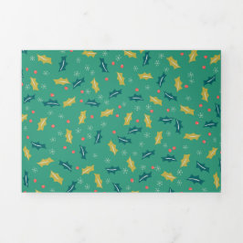 Tarjeta Festiva Tríptica Navidades Holly Leaves & Berries con Snowflakes