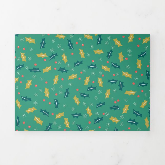 Tarjeta Festiva Tríptica Navidades Holly Leaves & Berries con Snowflakes (Foto de portada)