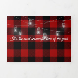Tarjeta Festiva Tríptica Navidades Lumberjack Plaid con cadena de luz