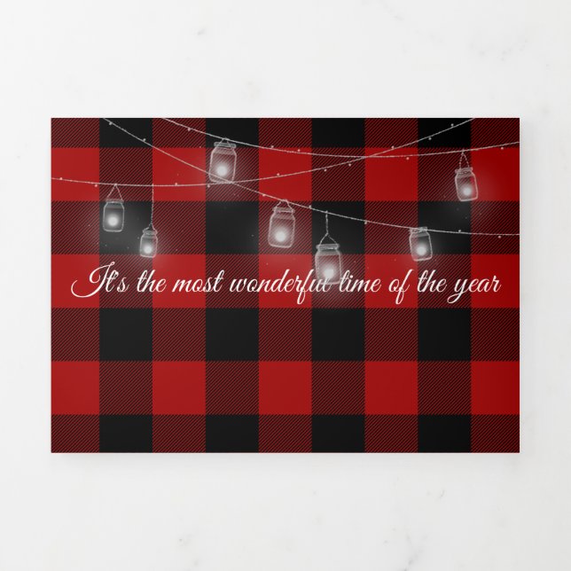 Tarjeta Festiva Tríptica Navidades Lumberjack Plaid con cadena de luz (Foto de portada)