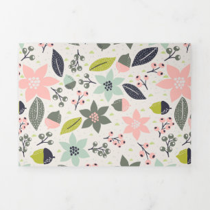 Tarjeta Festiva Tríptica Navidades Poinsettia Acorns Gray Aqua Lime Green
