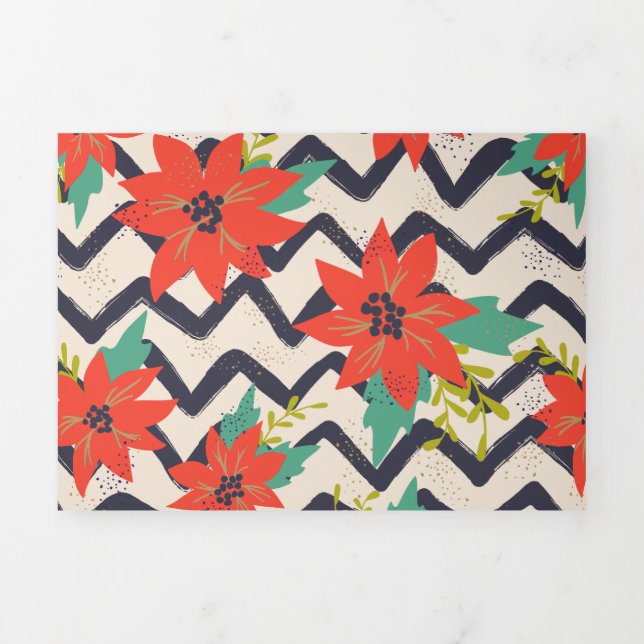 Tarjeta Festiva Tríptica Navidades Red Poinsettia Chevron Blanco y Negro (Foto de portada)