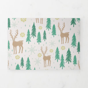 Tarjeta Festiva Tríptica Navidades renos en el bosque evergreen de invierno
