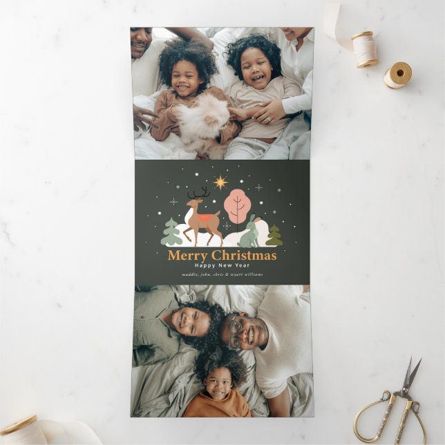 Tarjeta Festiva Tríptica Navidades tranquilos ven con reno y conejo (Interior)