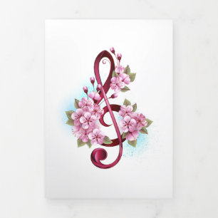 Tarjeta Festiva Tríptica Notas de clave de sol musical con flores de Sakura
