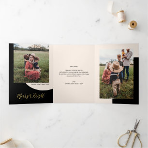 Tarjeta Festiva Tríptica Oro y negro Foto de Navidades de Merry y Bright