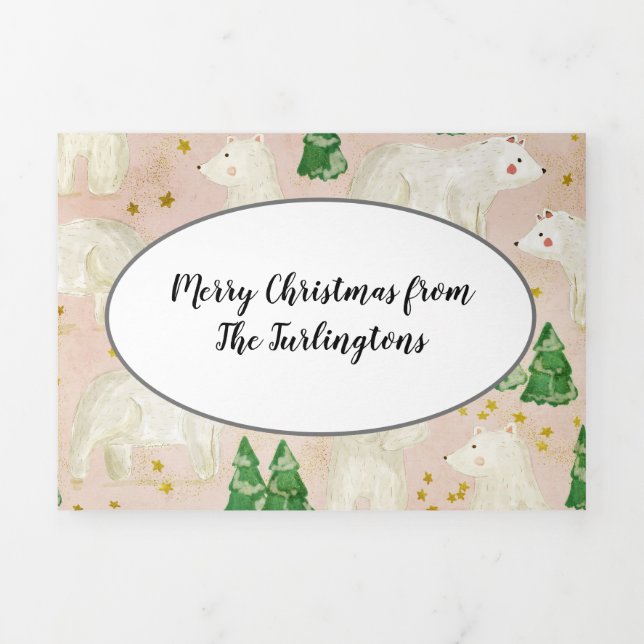 Tarjeta Festiva Tríptica Osos polares de Navidades cortos en bosque everver (Foto de portada)